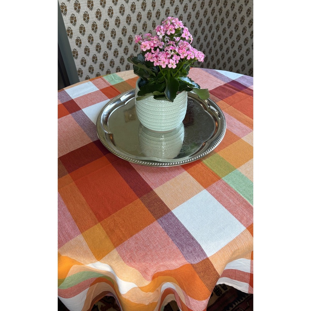 Vintage Woven Cotton Plaid Tablecloth Orange Green Fall Harvest Farmhouse MCM
